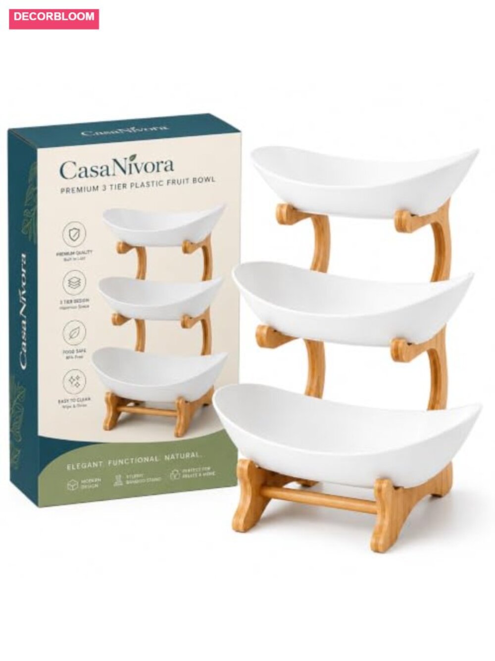 3-Tier Fruit Bowl Stand Bamboo Frame Plastic Basket Kitchen Organizer